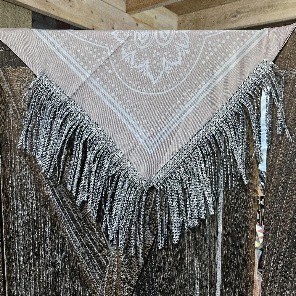 NWT Tan Satin Bandana Wild Rag with Beaded Rhinestone Fringe